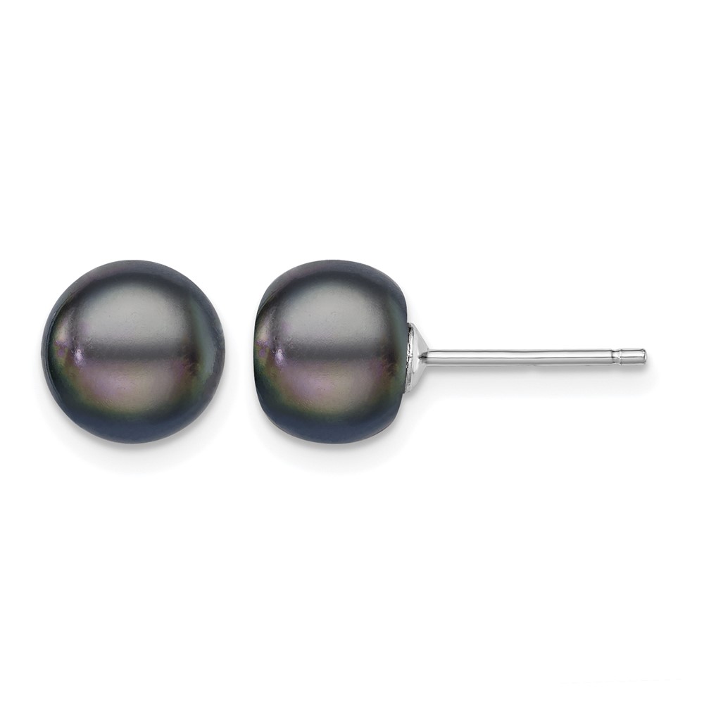 Sterling Silver Rhodium-plated 8-9mm Black Button Freshwater Cultured Pearl Post Earrings