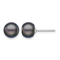 Sterling Silver Rhodium-plated 8-9mm Black Button Freshwater Cultured Pearl Post Earrings view 1