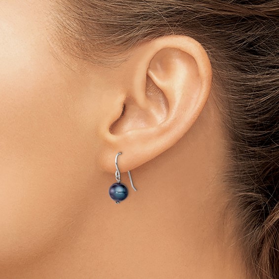 Sterling Silver Rhodium-plated Black 7.5-8.5mm Black Semi-Round Freshwater Cultured Pearl Dangle Earrings