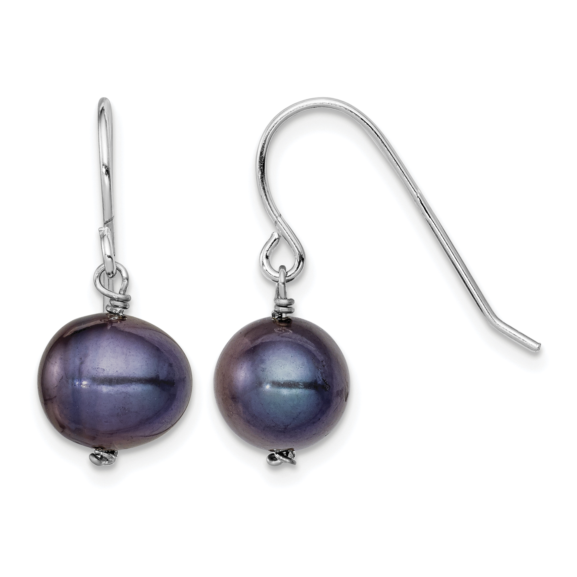 Sterling Silver Rhodium-plated Black 7.5-8.5mm Black Semi-Round Freshwater Cultured Pearl Dangle Earrings (QE7700)