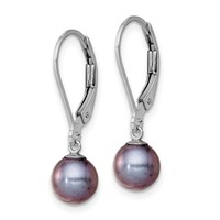 Sterling Silver Rhodium-plated 6-7mm Black Round Freshwater Cultured Pearl Leverback Dangle Earrings view 2