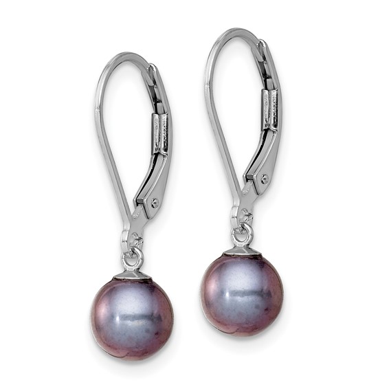 Sterling Silver Rhodium-plated 6-7mm Black Round Freshwater Cultured Pearl Leverback Dangle Earrings