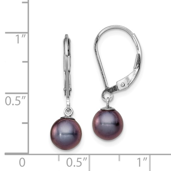 Sterling Silver Rhodium-plated 6-7mm Black Round Freshwater Cultured Pearl Leverback Dangle Earrings