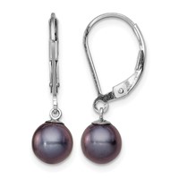 Sterling Silver Rhodium-plated 6-7mm Black Round Freshwater Cultured Pearl Leverback Dangle Earrings view 1