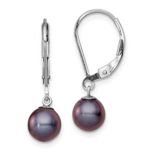 Sterling Silver Rhodium-plated 6-7mm Black Round Freshwater Cultured Pearl Leverback Dangle Earrings
