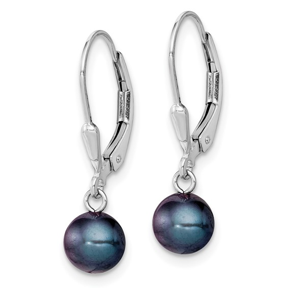 Sterling Silver Rhodium-plated 6-7mm Black Round Freshwater Cultured Pearl Leverback Dangle Earrings
