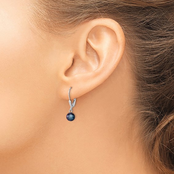 Sterling Silver Rhodium-plated 6-7mm Black Round Freshwater Cultured Pearl Leverback Dangle Earrings