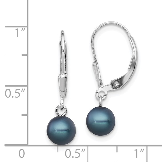 Sterling Silver Rhodium-plated 6-7mm Black Round Freshwater Cultured Pearl Leverback Dangle Earrings