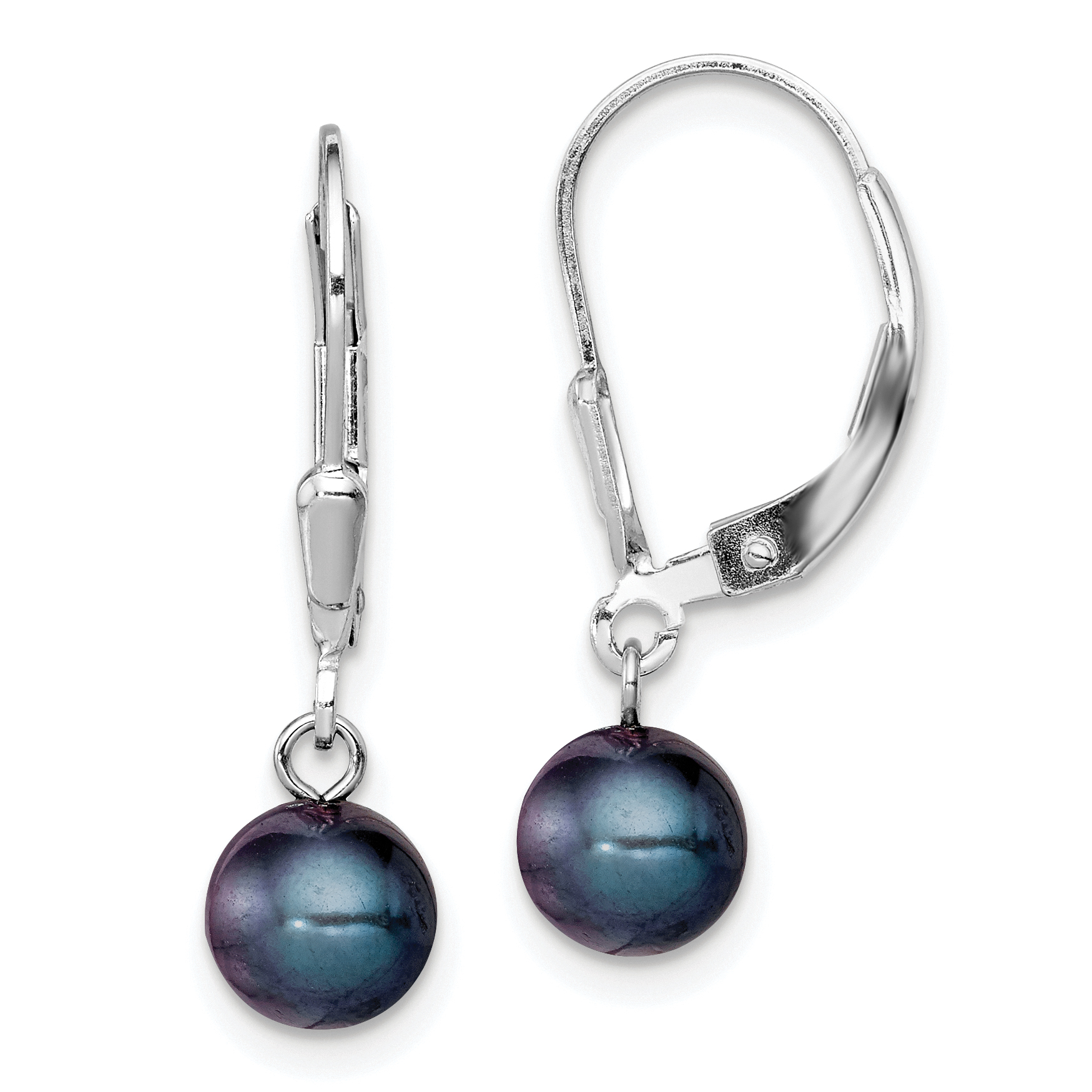Sterling Silver Rhodium-plated 6-7mm Black Round Freshwater Cultured Pearl Leverback Dangle Earrings (QE7702)