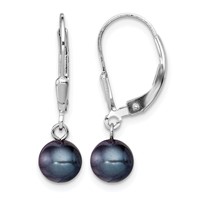Sterling Silver Rhodium-plated 6-7mm Black Round Freshwater Cultured Pearl Leverback Dangle Earrings view 1