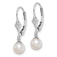 Sterling Silver Rhodium-plated 6-7mm White Round Freshwater Cultured Pearl Leverback Dangle Earrings view 2