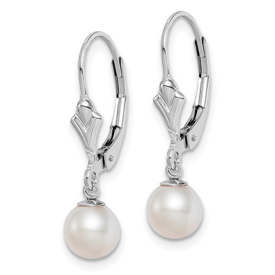 Sterling Silver Rhodium-plated 6-7mm White Round Freshwater Cultured Pearl Leverback Dangle Earrings
