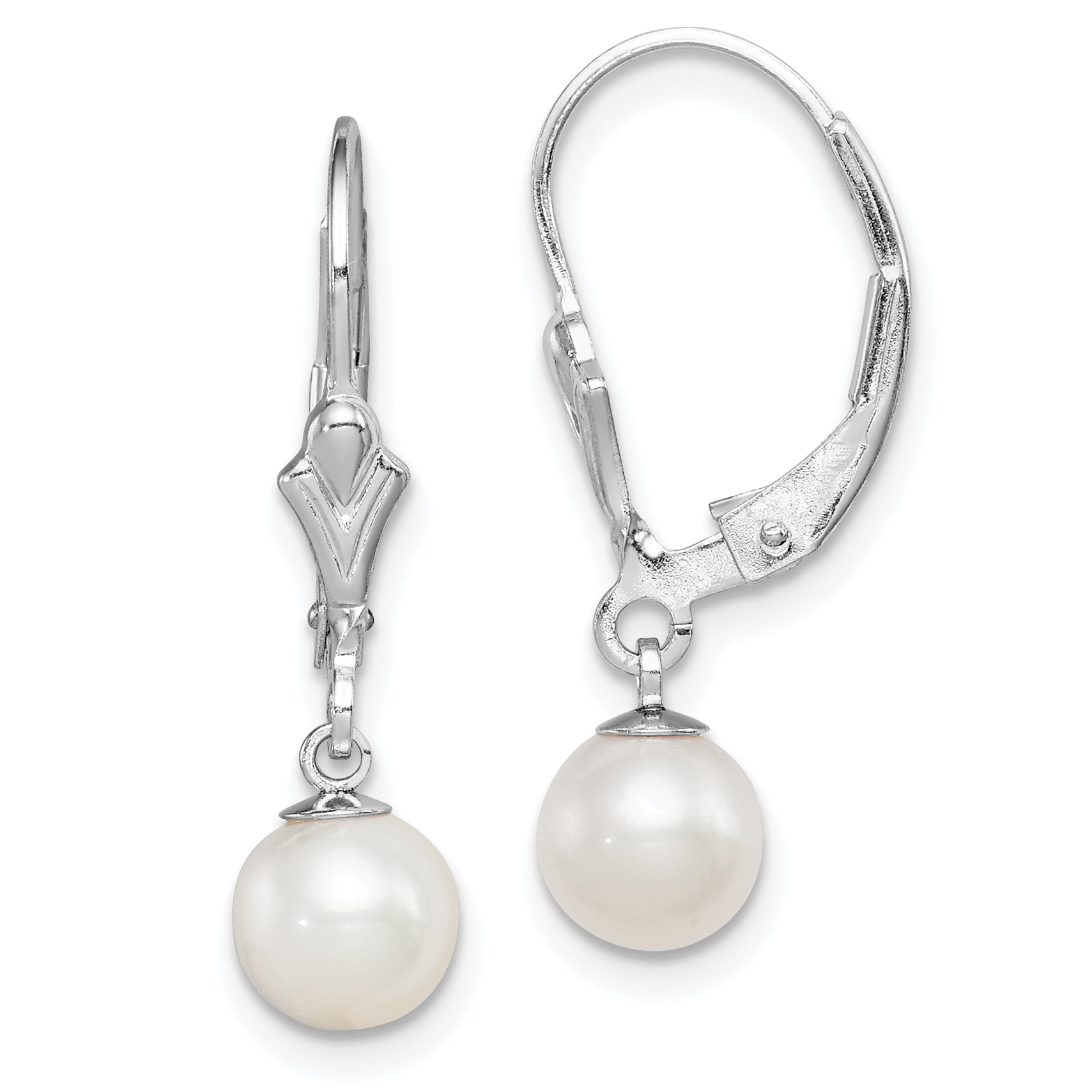 Sterling Silver Rhodium-plated 6-7mm White Round Freshwater Cultured Pearl Leverback Dangle Earrings (QE7703)