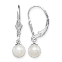Sterling Silver Rhodium-plated 6-7mm White Round Freshwater Cultured Pearl Leverback Dangle Earrings view 1