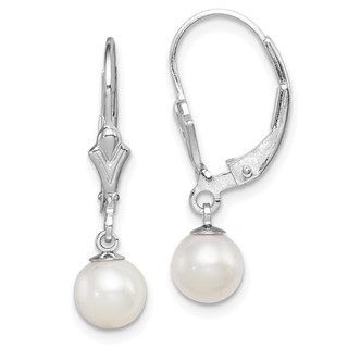 Sterling Silver Rhodium-plated 6-7mm White Round Freshwater Cultured Pearl Leverback Dangle Earrings