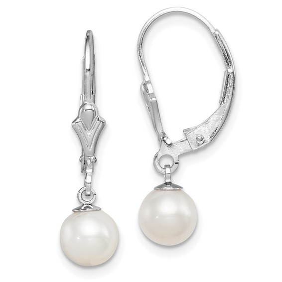 Sterling Silver Rhodium-plated 6-7mm White Round Freshwater Cultured Pearl Leverback Dangle Earrings