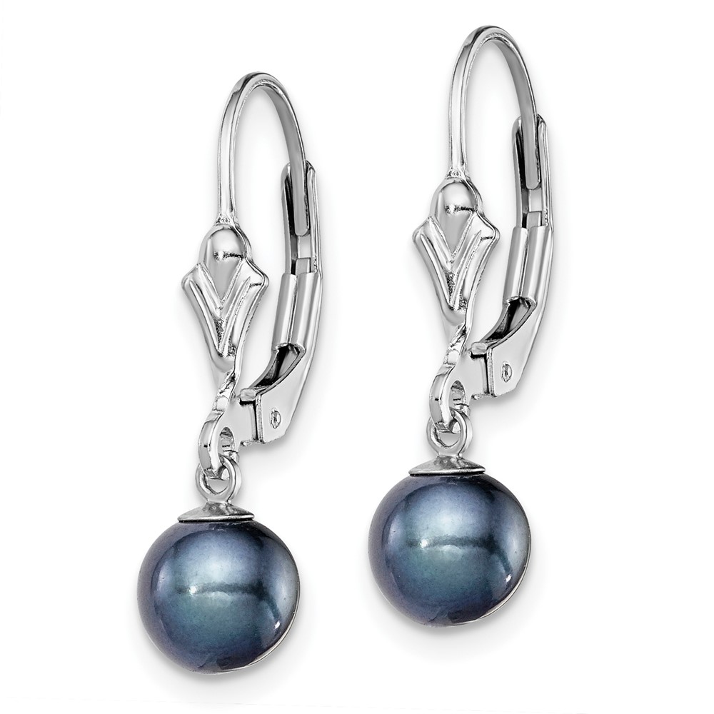 Sterling Silver Rhodium-plated 6-7mm Black Round Freshwater Cultured Pearl Leverback Dangle Earrings (QE7704)