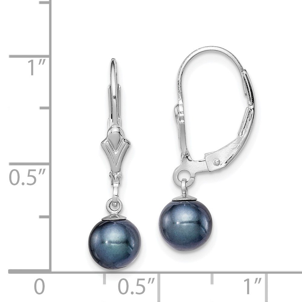 Sterling Silver Rhodium-plated 6-7mm Black Round Freshwater Cultured Pearl Leverback Dangle Earrings (QE7704)