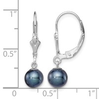 Sterling Silver Rhodium-plated 6-7mm Black Round Freshwater Cultured Pearl Leverback Dangle Earrings view 4