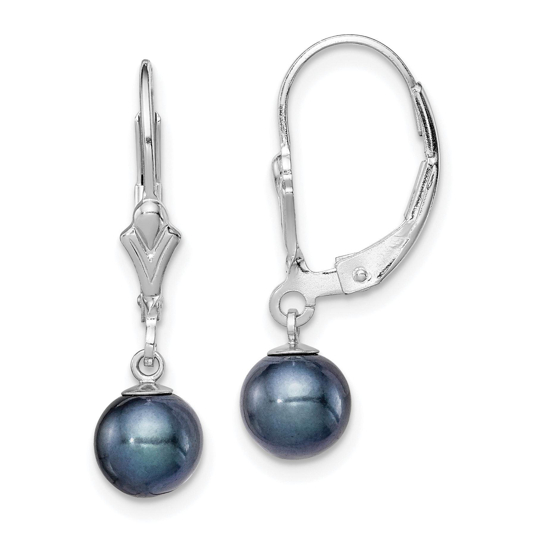 Sterling Silver Rhodium-plated 6-7mm Black Round Freshwater Cultured Pearl Leverback Dangle Earrings (QE7704)