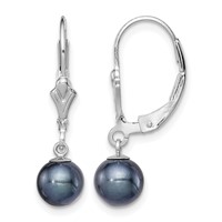 Sterling Silver Rhodium-plated 6-7mm Black Round Freshwater Cultured Pearl Leverback Dangle Earrings view 1