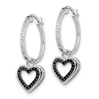 White Night Sterling Silver Rhodium-plated Black and White Diamond Earring with Dangle Heart Hoop view 2