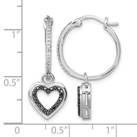 White Night Sterling Silver Rhodium-plated Black and White Diamond Earring with Dangle Heart Hoop view 4