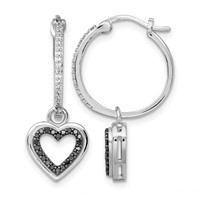 White Night Sterling Silver Rhodium-plated Black and White Diamond Earring with Dangle Heart Hoop view 1