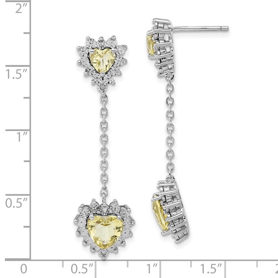 Sterling Silver Polished Diamond & Lemon Quartz Heart Dangle Earrings