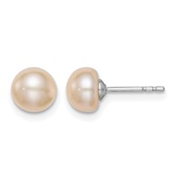 Sterling Silver Rhodium-plated 6-7mm Pink Button Freshwater Cultured Pearl Post Earrings view 1