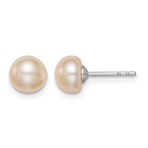Sterling Silver Rhodium-plated 6-7mm Pink Button Freshwater Cultured Pearl Post Earrings