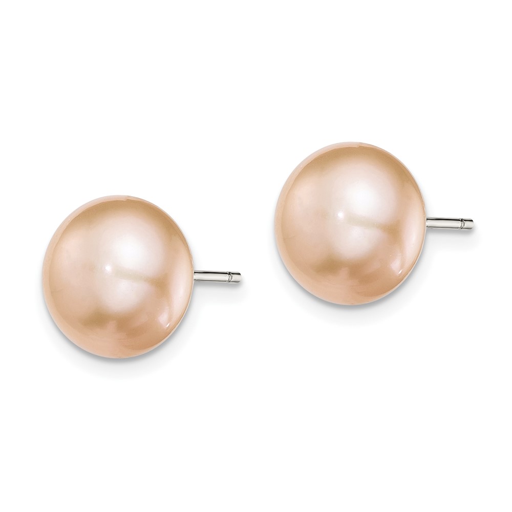 Sterling Silver Rhodium-plated 10-11mm Pink Button Freshwater Cultured Pearl Post Earrings (QE7785)