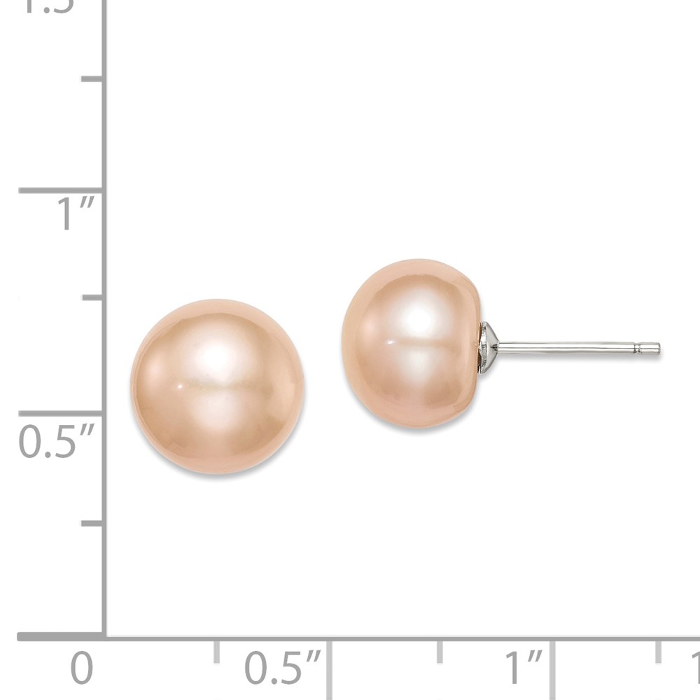 Sterling Silver Rhodium-plated 10-11mm Pink Button Freshwater Cultured Pearl Post Earrings (QE7785)