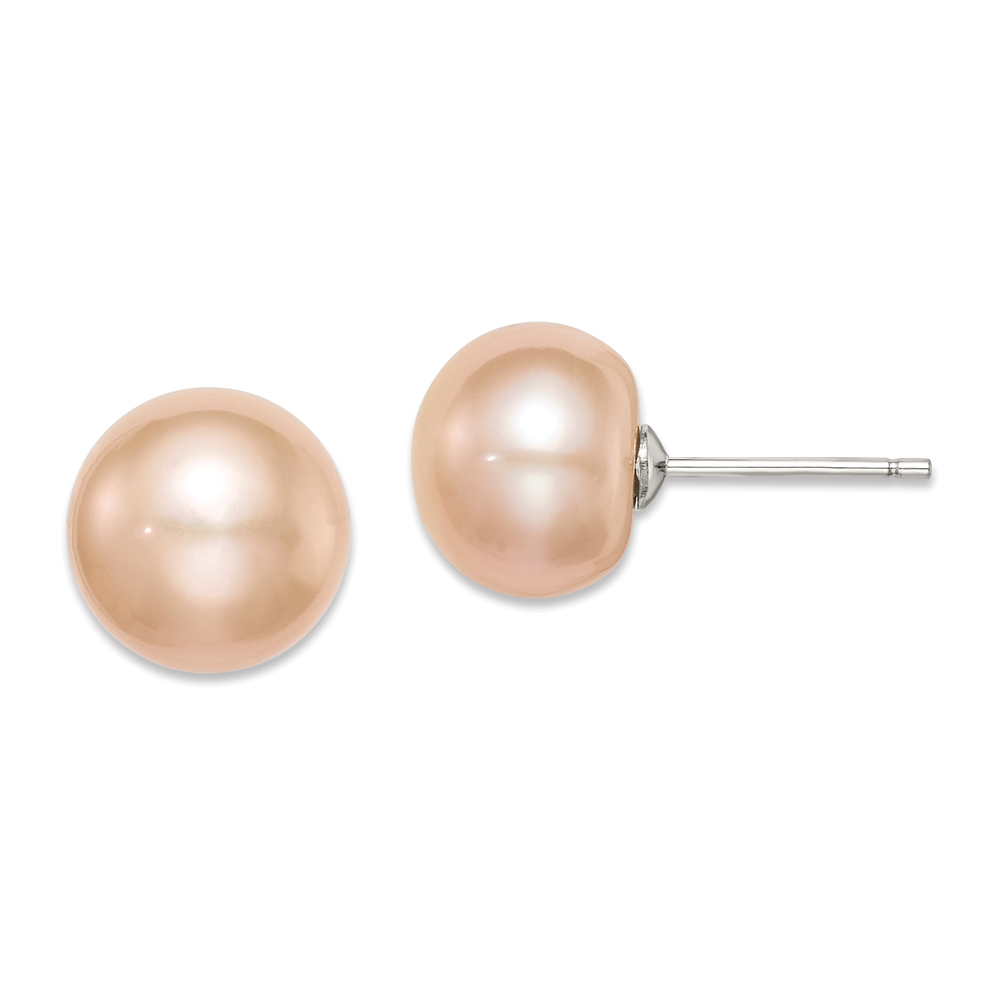 Sterling Silver Rhodium-plated 10-11mm Pink Button Freshwater Cultured Pearl Post Earrings (QE7785)