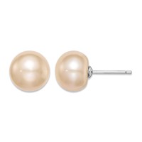 Sterling Silver Rhodium-plated 10-11mm Pink Button Freshwater Cultured Pearl Post Earrings view 1