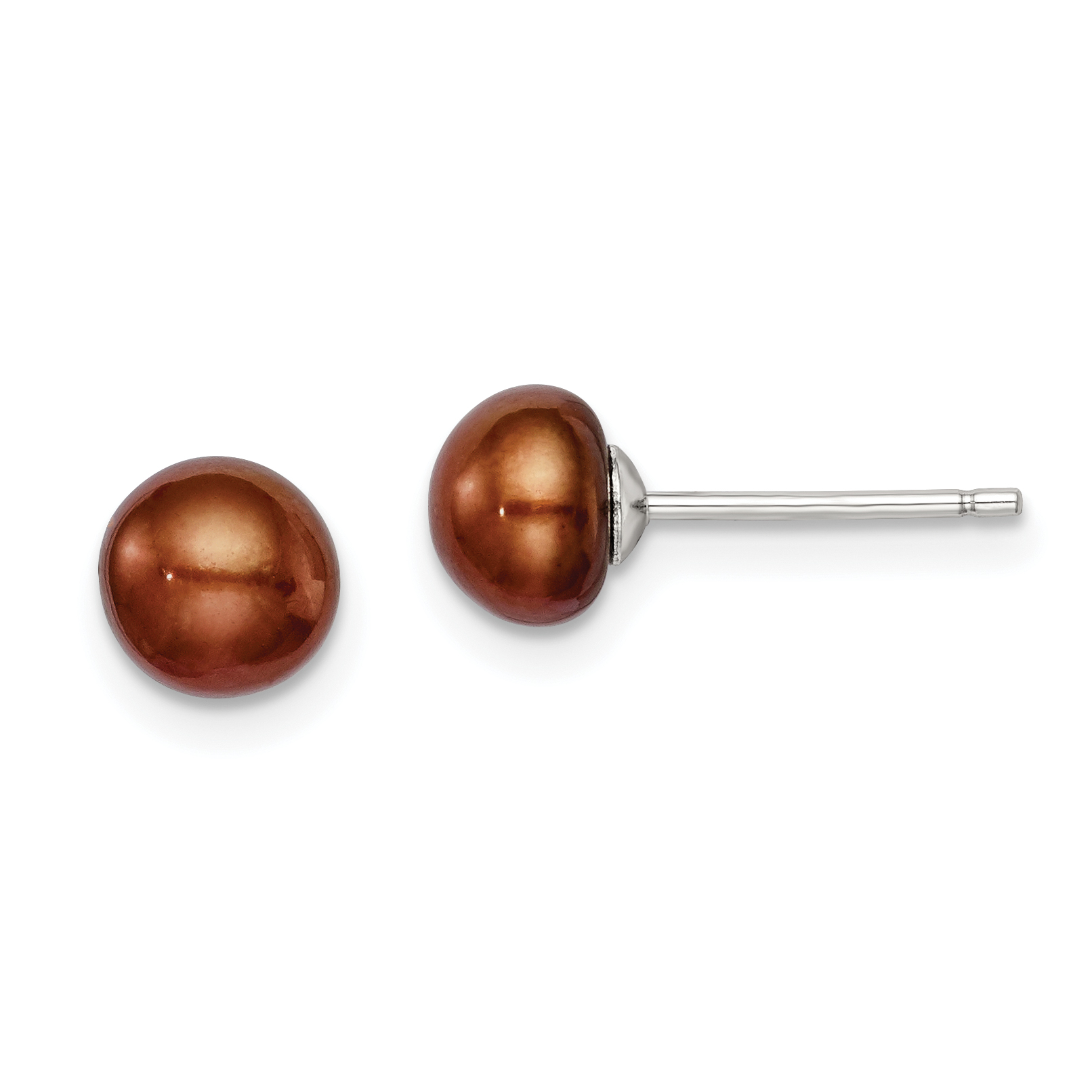 Sterling Silver Rhodium-plated 6-7mm Brown Button Freshwater Cultured Pearl Post Earring (QE7786)