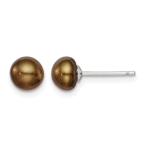 Sterling Silver Rhodium-plated 6-7mm Brown Button Freshwater Cultured Pearl Post Earring