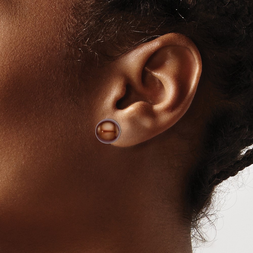 Sterling Silver Rhodium-plated 10-11mm Brown Button Freshwater Cultured Pearl Post Earrings (QE7787)