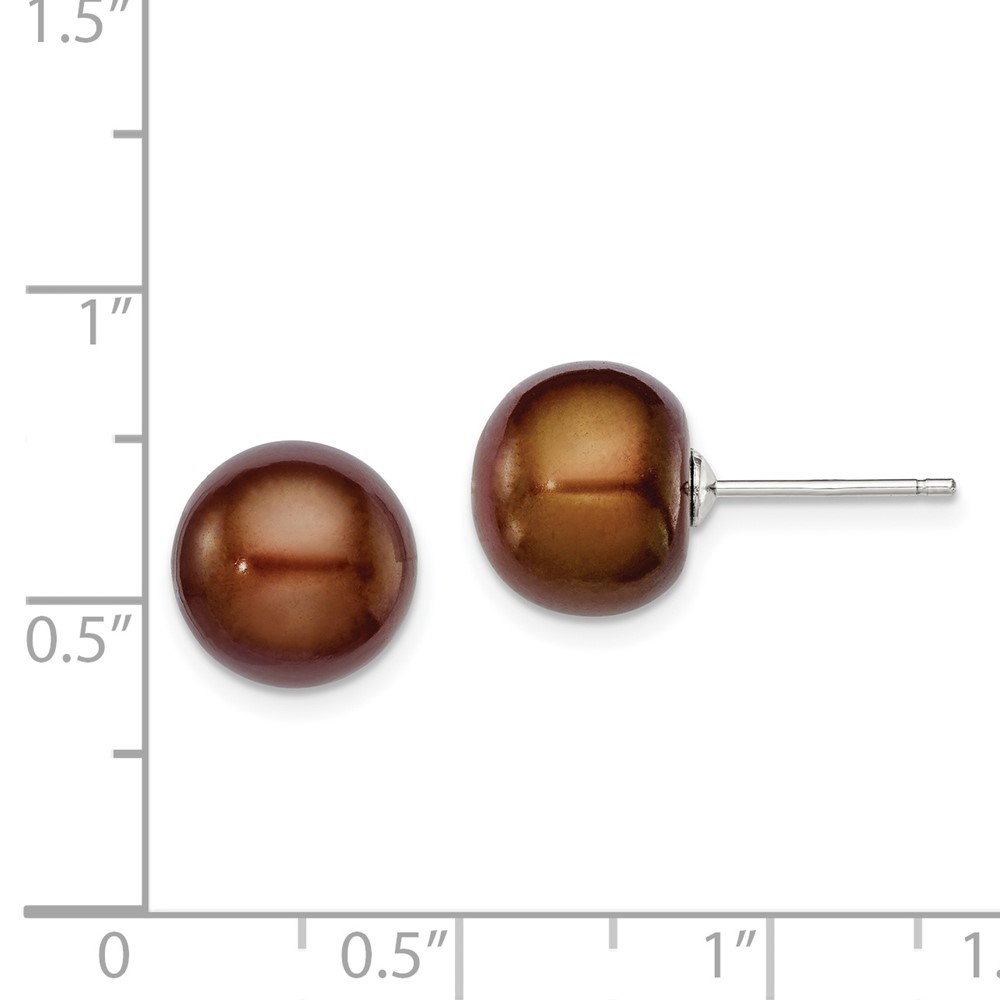 Sterling Silver Rhodium-plated 10-11mm Brown Button Freshwater Cultured Pearl Post Earrings (QE7787)