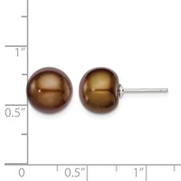 Sterling Silver Rhodium-plated 10-11mm Brown Button Freshwater Cultured Pearl Post Earrings view 4