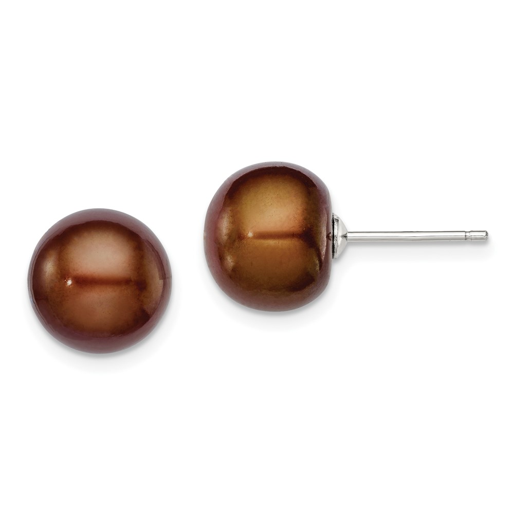 Sterling Silver Rhodium-plated 10-11mm Brown Button Freshwater Cultured Pearl Post Earrings (QE7787)