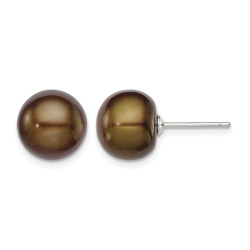 Sterling Silver Rhodium-plated 10-11mm Brown Button Freshwater Cultured Pearl Post Earrings