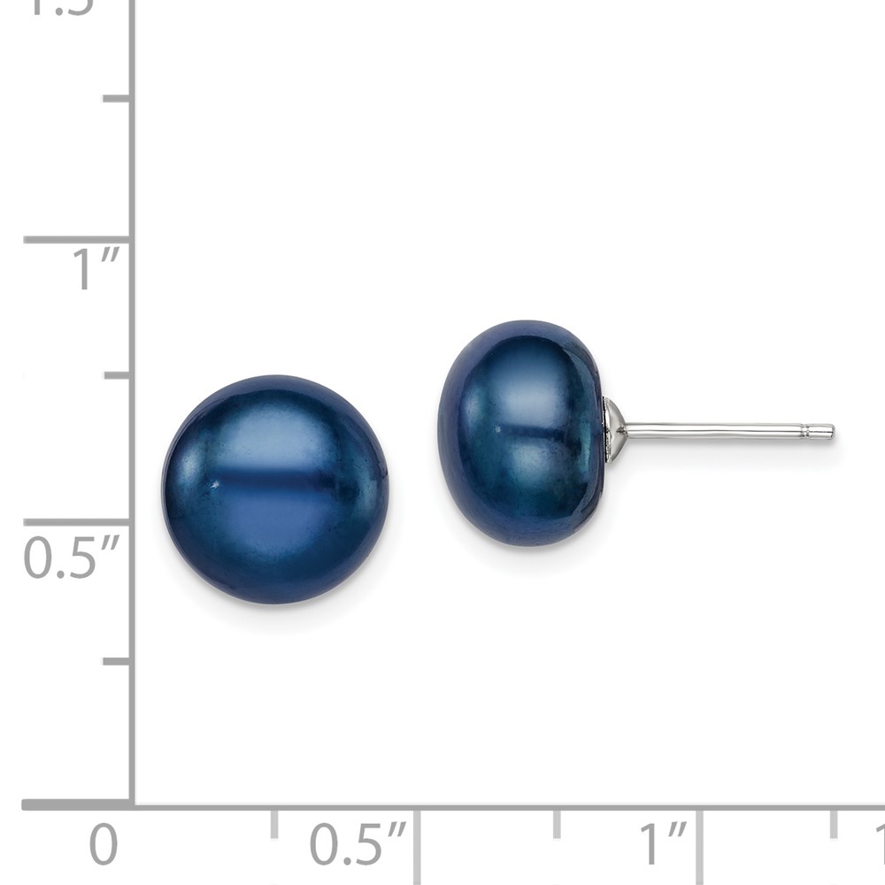 Sterling Silver Rhodium-plated 10-11mm Black Button Freshwater Cultured Pearl Post Earrings (QE7796)