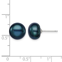 Sterling Silver Rhodium-plated 10-11mm Black Button Freshwater Cultured Pearl Post Earrings view 4