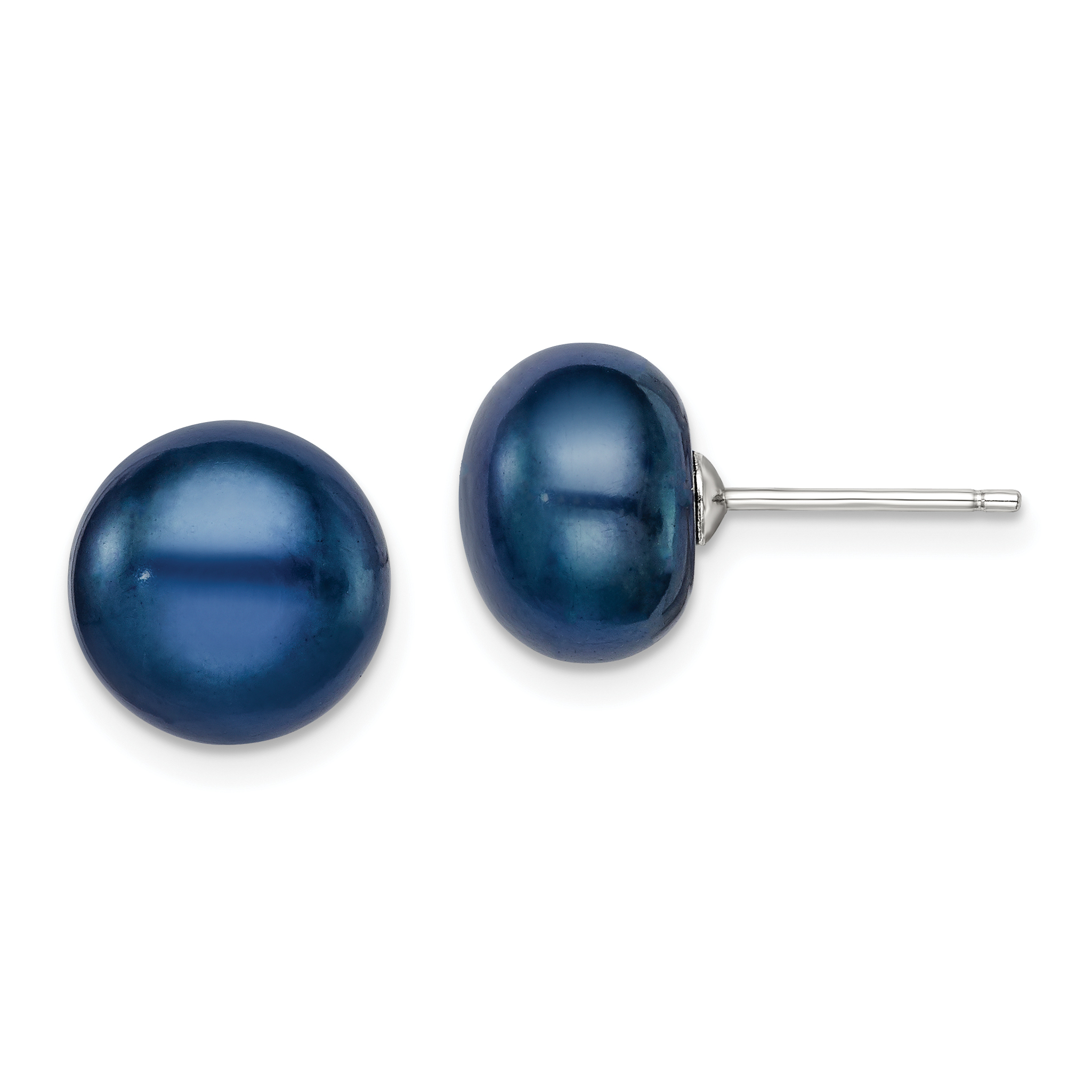 Sterling Silver Rhodium-plated 10-11mm Black Button Freshwater Cultured Pearl Post Earrings (QE7796)