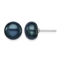 Sterling Silver Rhodium-plated 10-11mm Black Button Freshwater Cultured Pearl Post Earrings view 1