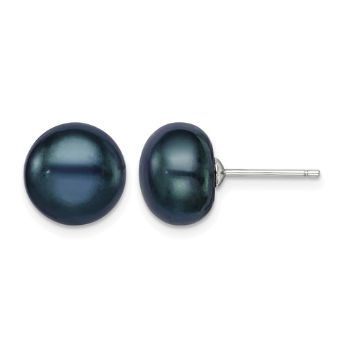 Sterling Silver Rhodium-plated 10-11mm Black Button Freshwater Cultured Pearl Post Earrings