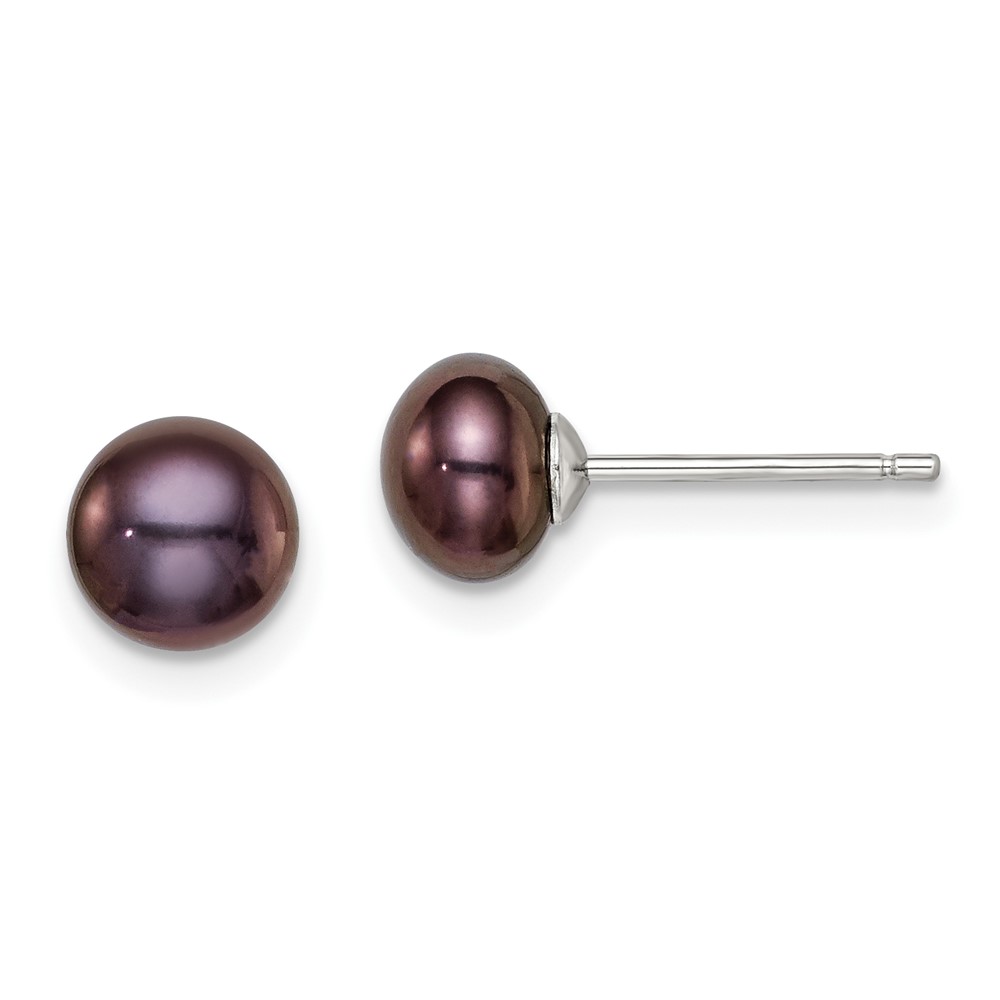 Sterling Silver Rhodium-plated 6-7mm Black Button Freshwater Cultured Pearl Post Earrings (QE7797)