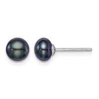 Sterling Silver Rhodium-plated 6-7mm Black Button Freshwater Cultured Pearl Post Earrings view 1