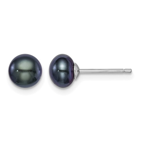 Sterling Silver Rhodium-plated 6-7mm Black Button Freshwater Cultured Pearl Post Earrings